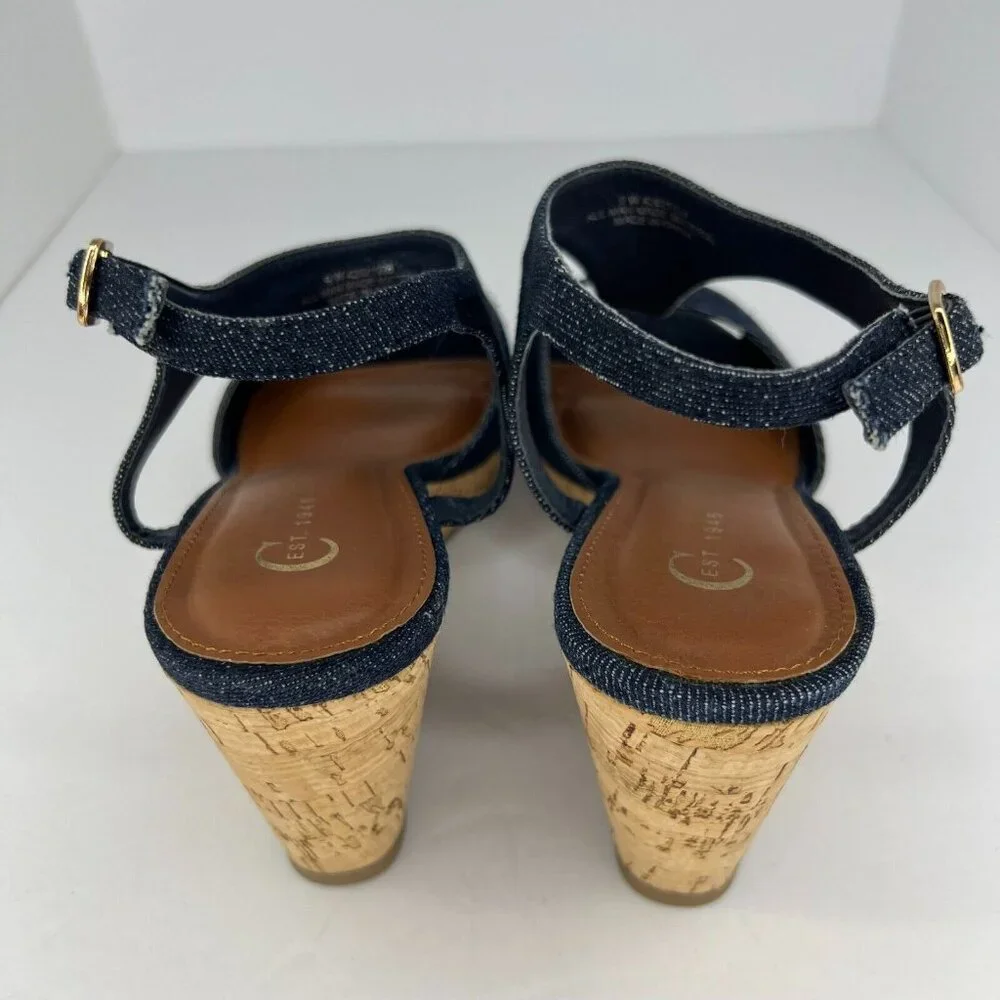 C Est. 1946 Womens 42621128 Blue Adjustable Denim Wedge Size 9W Strappy Sandals